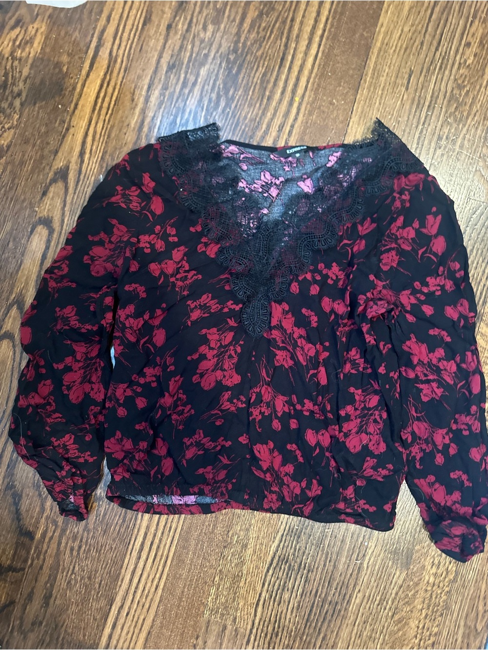 Express Black Blouse with Red Floral Print and Lace V-Neck